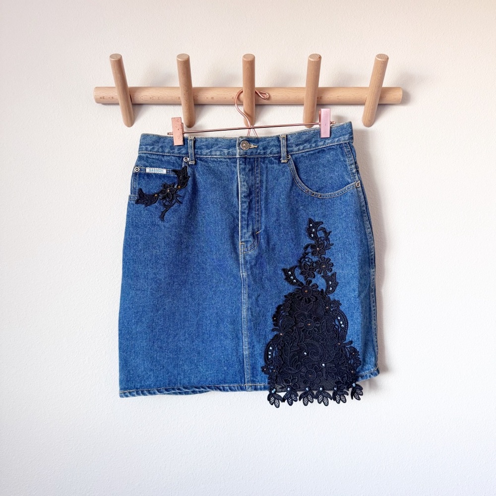 Vintage Sasson Denim Skirt with Black Lace Detail